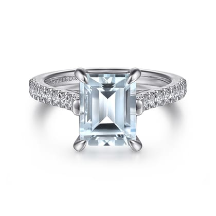 Shayanne - 14K White Gold Emerald Cut Aquamarine and Diamond Engagement Ring