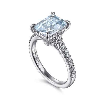 Shayanne - 14K White Gold Emerald Cut Aquamarine and Diamond Engagement Ring
