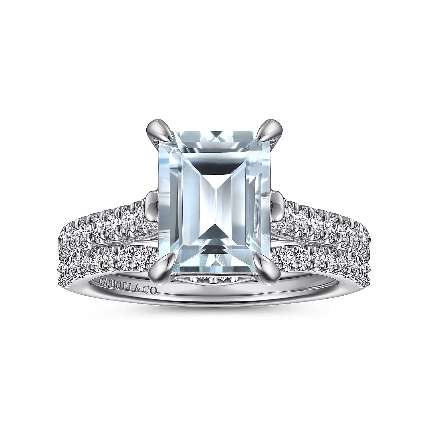 Shayanne - 14K White Gold Emerald Cut Aquamarine and Diamond Engagement Ring