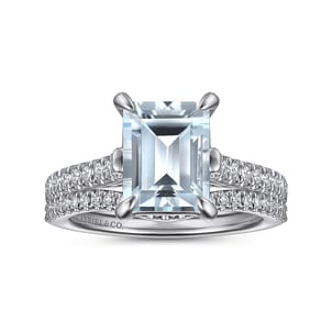 Shayanne - 14K White Gold Emerald Cut Aquamarine and Diamond Engagement Ring