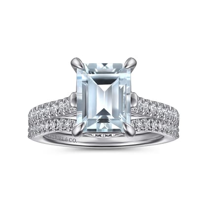 Shayanne - 14K White Gold Emerald Cut Aquamarine and Diamond Engagement Ring