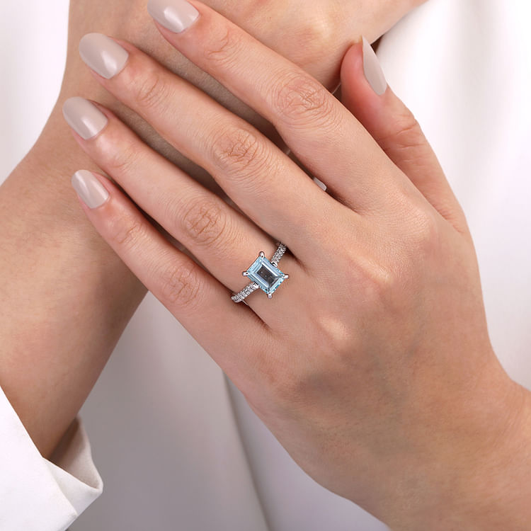 Shayanne - 14K White Gold Emerald Cut Aquamarine and Diamond Engagement Ring