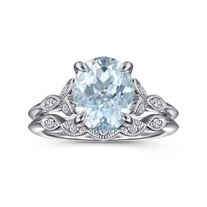 Shira - 14K White Gold Split Shank Oval Aquamarine and Diamond Engagement Ring