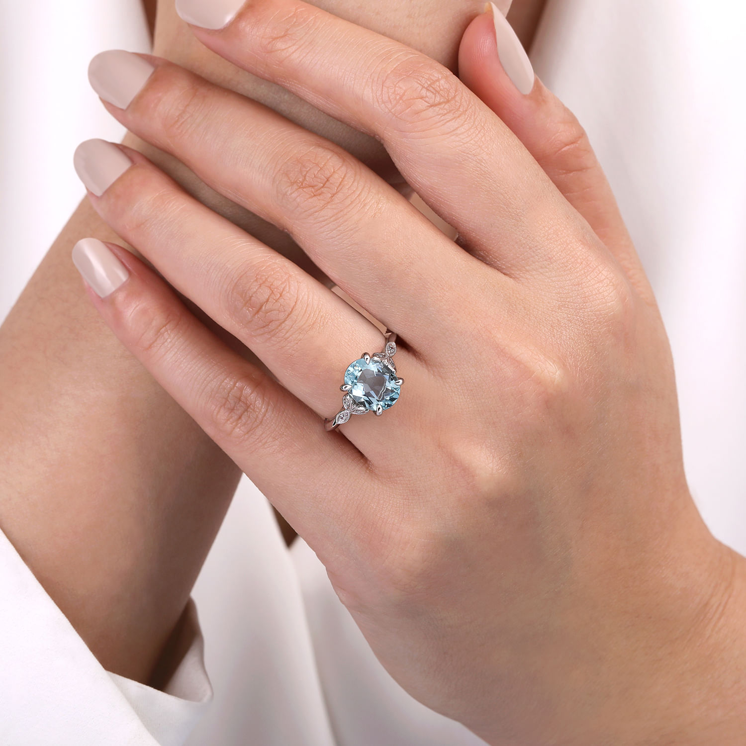 Shira - 14K White Gold Split Shank Oval Aquamarine and Diamond Engagement Ring