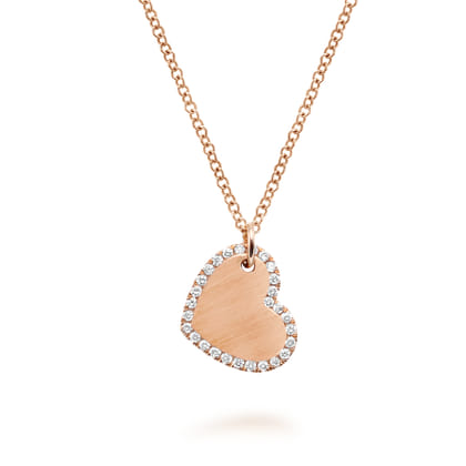 Sideways 14K Rose Gold Engraved Heart Pendant Necklace with Diamond Frame
