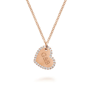 Sideways 14K Rose Gold Engraved Heart Pendant Necklace with Diamond Frame