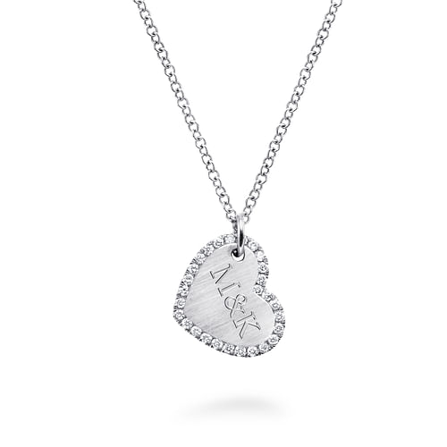 Sideways 14K White Gold Engraved Heart Pendant Necklace with Diamond Frame - 0.14 ct - Shot 2