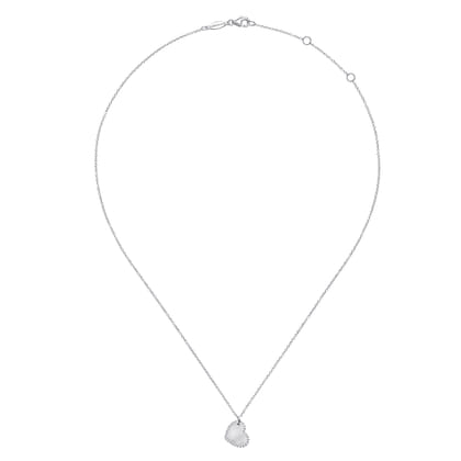 Sideways 14K White Gold Engraved Heart Pendant Necklace with Diamond Frame