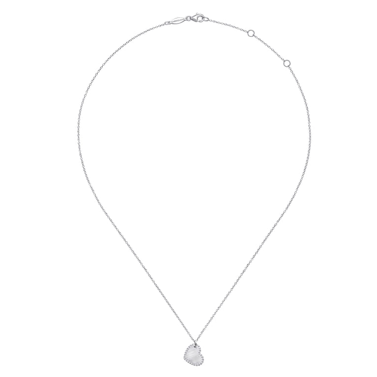 Sideways 14K White Gold Engraved Heart Pendant Necklace with Diamond Frame - 0.14 ct - Shot 2