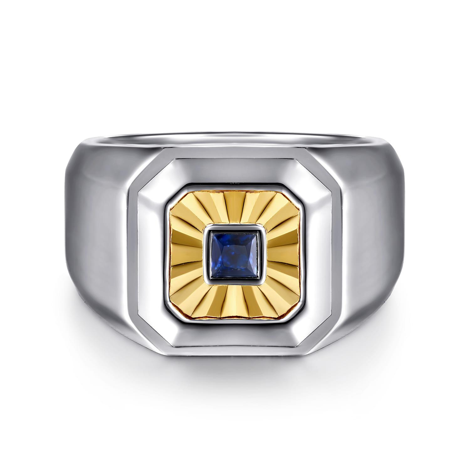 Signet Wide Band Diamond Cut Center 925 Sterling Silver and 14K Yellow Gold Sapphire - 0.19 ct - Shot 1