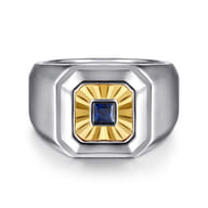 Signet Wide Band Diamond Cut Center 925 Sterling Silver and 14K Yellow Gold Sapphire