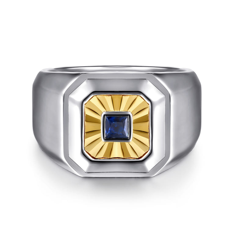 Signet Wide Band Diamond Cut Center 925 Sterling Silver and 14K Yellow Gold Sapphire - 0.19 ct - Shot 1