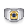 Signet Wide Band Diamond Cut Center 925 Sterling Silver and 14K Yellow Gold Sapphire - 0.19 ct