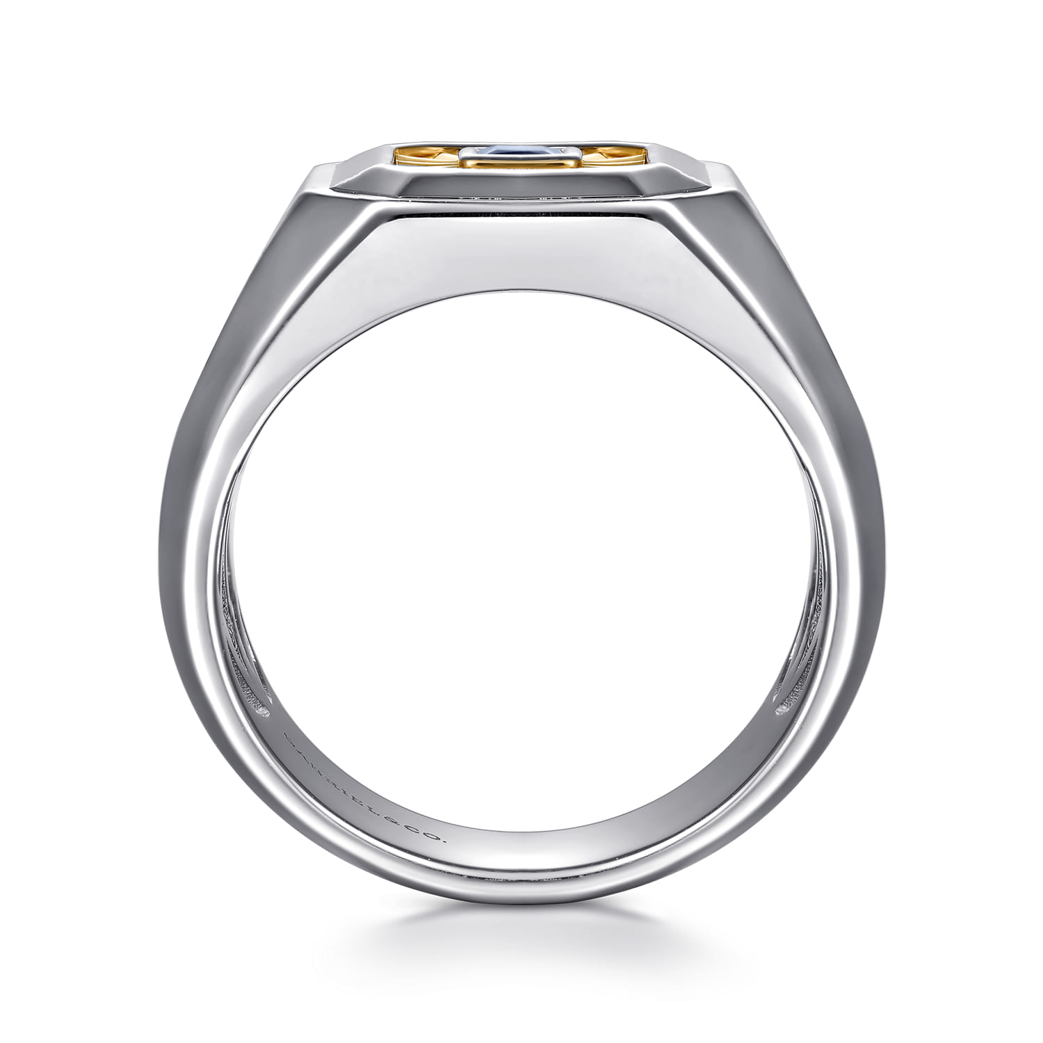 Signet Wide Band Diamond Cut Center 925 Sterling Silver and 14K Yellow Gold Sapphire - 0.19 ct - Shot 2