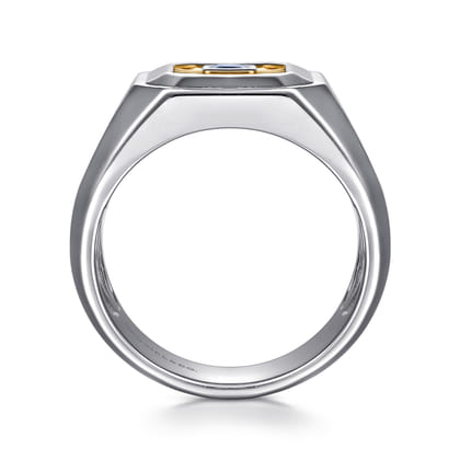 Signet Wide Band Diamond Cut Center 925 Sterling Silver and 14K Yellow Gold Sapphire