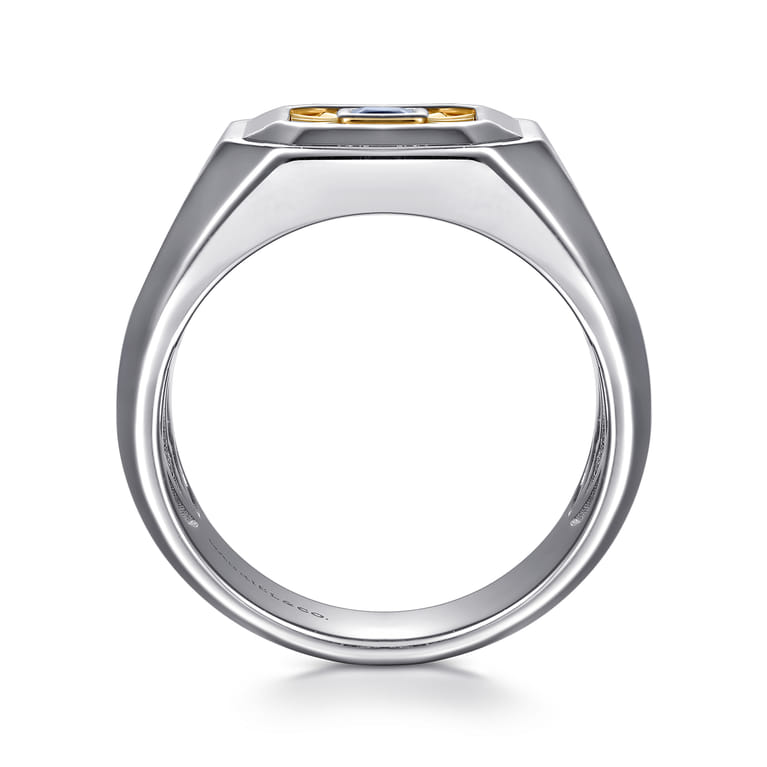 Signet Wide Band Diamond Cut Center 925 Sterling Silver and 14K Yellow Gold Sapphire - 0.19 ct - Shot 2