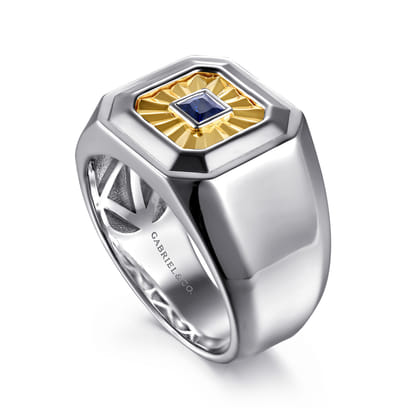 Signet Wide Band Diamond Cut Center 925 Sterling Silver and 14K Yellow Gold Sapphire