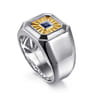 Signet Wide Band Diamond Cut Center 925 Sterling Silver and 14K Yellow Gold Sapphire - 0.19 ct