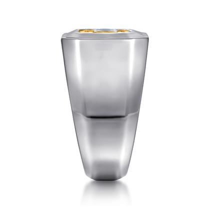 Signet Wide Band Diamond Cut Center 925 Sterling Silver and 14K Yellow Gold Sapphire
