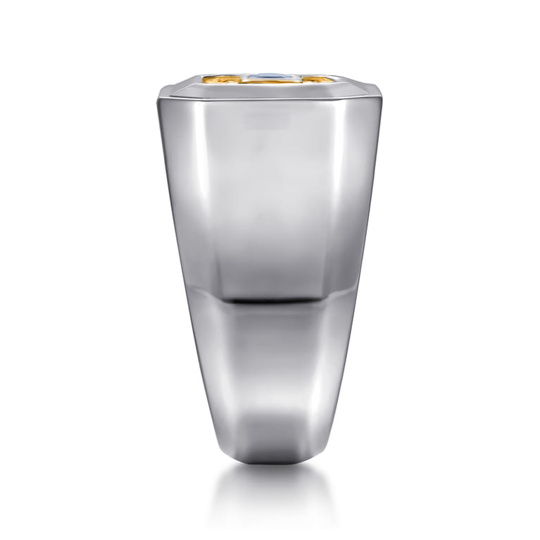 Signet Wide Band Diamond Cut Center 925 Sterling Silver and 14K Yellow Gold Sapphire - 0.19 ct - Shot 4