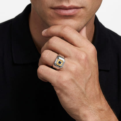 Signet Wide Band Diamond Cut Center 925 Sterling Silver and 14K Yellow Gold Sapphire
