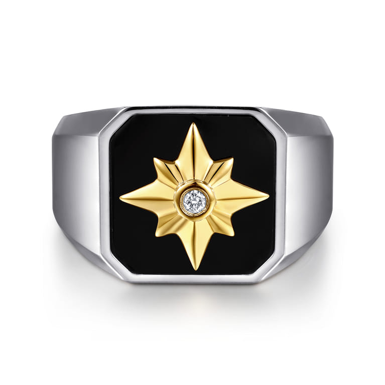 Signet Wide Band Startburst Center 925 Sterling Silver and 14K Yellow Gold Diamond and Onyx 0.03ct - 0.03 ct - Shot 1