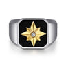 Signet Wide Band Startburst Center 925 Sterling Silver and 14K Yellow Gold Diamond and Onyx 0.03ct - 0.03 ct