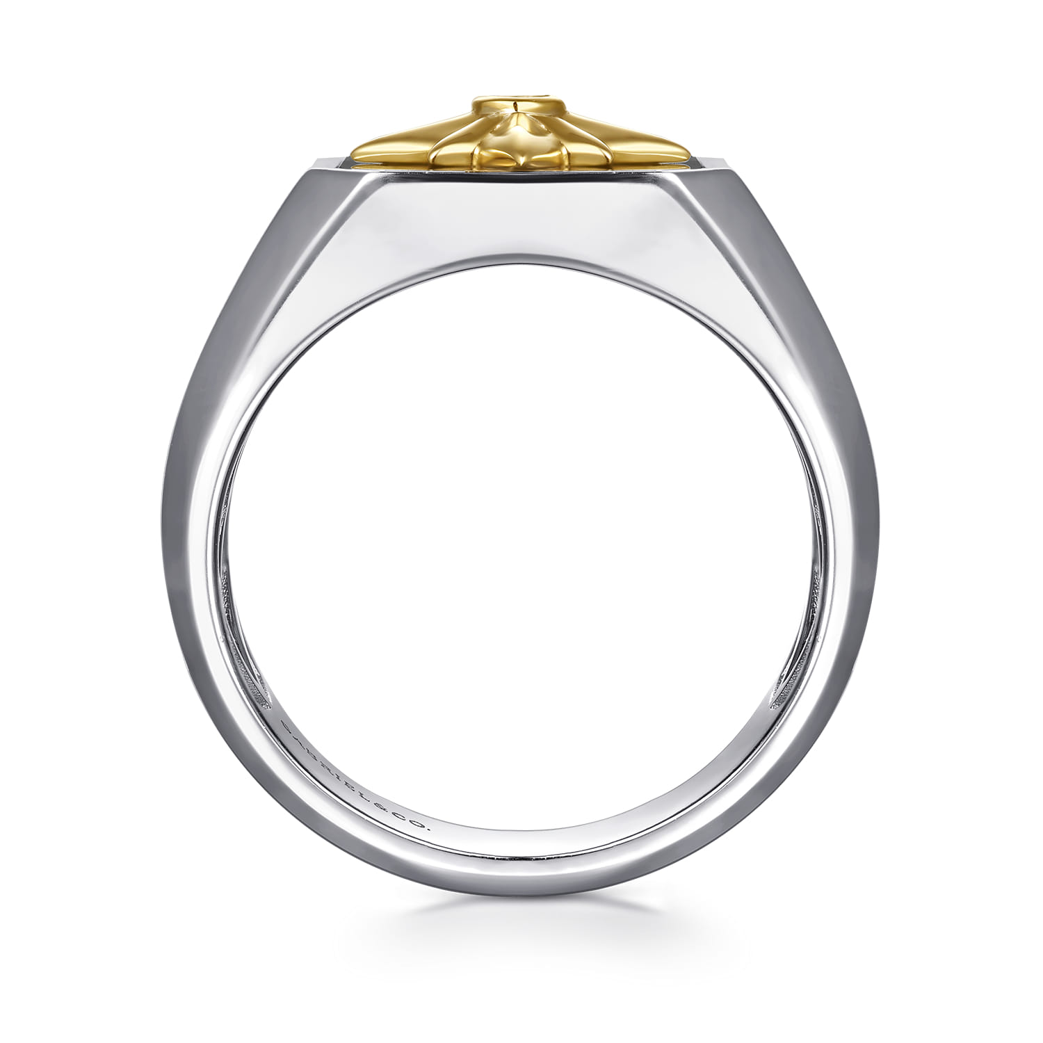 Signet Wide Band Startburst Center 925 Sterling Silver and 14K Yellow Gold Diamond and Onyx 0.03ct - 0.03 ct - Shot 2