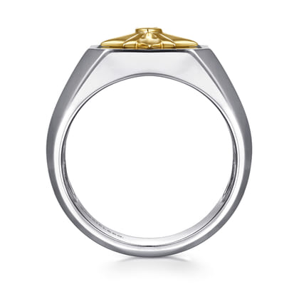 Signet Wide Band Startburst Center 925 Sterling Silver and 14K Yellow Gold Diamond and Onyx 0.03ct