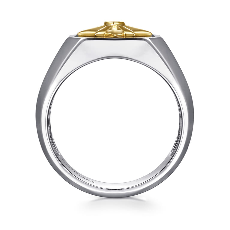 Signet Wide Band Startburst Center 925 Sterling Silver and 14K Yellow Gold Diamond and Onyx 0.03ct - 0.03 ct - Shot 2