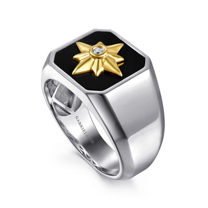 Signet Wide Band Startburst Center 925 Sterling Silver and 14K Yellow Gold Diamond and Onyx 0.03ct