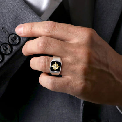 Signet Wide Band Startburst Center 925 Sterling Silver and 14K Yellow Gold Diamond and Onyx 0.03ct