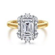 Silk - 14K White-Yellow Gold Emerald Cut Halo Diamond Engagement Ring