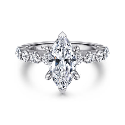 Silvey - 14K White Gold Marquise Shape Single Prong Diamond Engagement Ring
