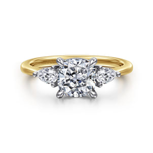 Sima - 14K White-Yellow Gold Cushion Cut Three Stone Diamond Engagement Ring