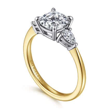 Sima - 14K White-Yellow Gold Cushion Cut Three Stone Diamond Engagement Ring