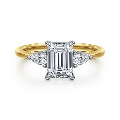 Sima - 14K White-Yellow Gold Emerald Cut Three Stone Diamond Engagement Ring