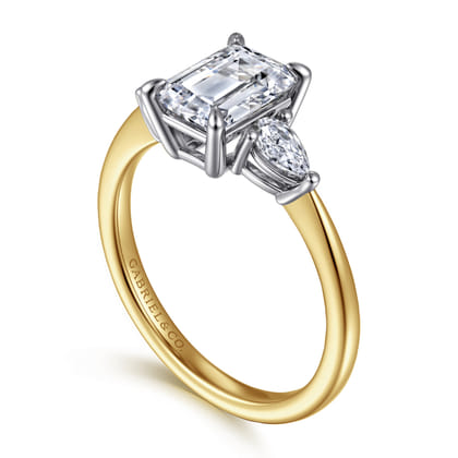 Sima - 14K White-Yellow Gold Emerald Cut Three Stone Diamond Engagement Ring