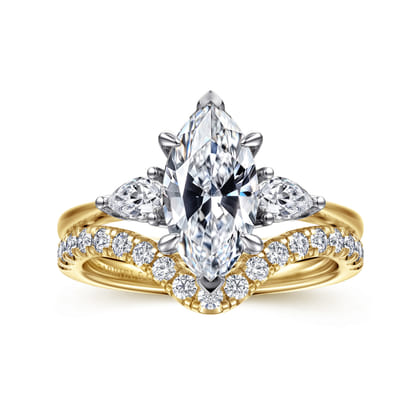 Sima - 14K White-Yellow Gold Marquise Shape Three Stone Diamond Engagement Ring