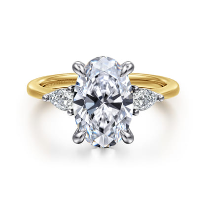Sima - 14K White-Yellow Gold Oval Three Stone Diamond Engagement Ring
