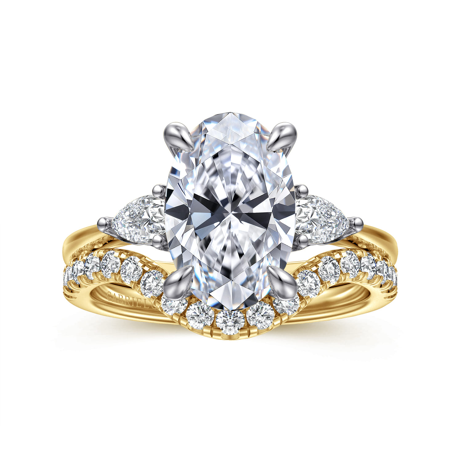Sima - 14K White-Yellow Gold Oval Three Stone Diamond Engagement Ring