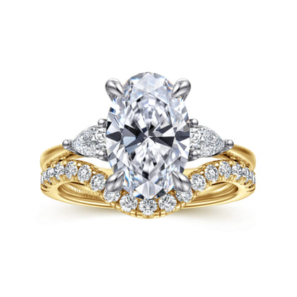 Sima - 14K White-Yellow Gold Oval Three Stone Diamond Engagement Ring
