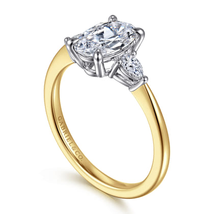 Sima - 14K White-Yellow Gold Oval Three Stone Diamond Engagement Ring