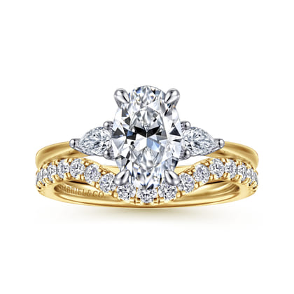 Sima - 14K White-Yellow Gold Oval Three Stone Diamond Engagement Ring
