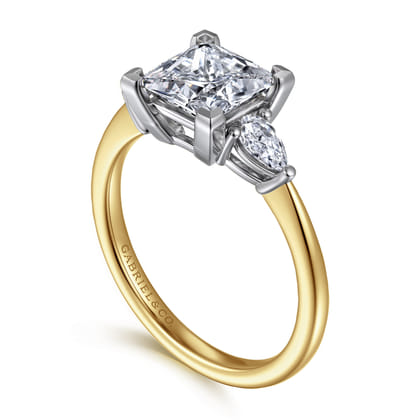 Sima - 14K White-Yellow Gold Princess Cut Three Stone Diamond Engagement Ring
