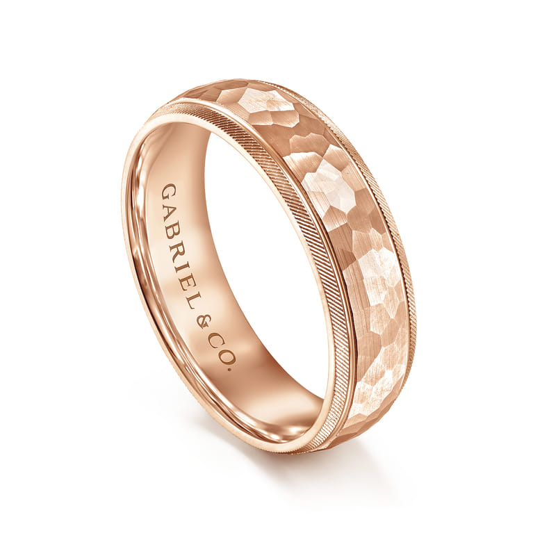 Simon - 14K Rose Gold 6mm - Men's Wedding Band in Hammered Finish - Shot 3