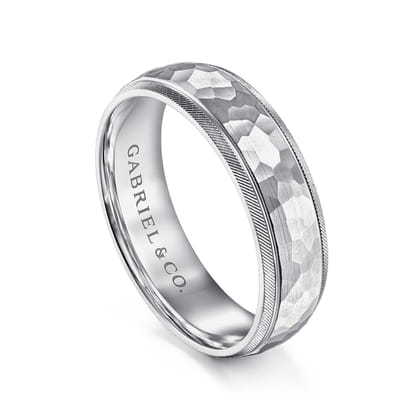 Simon - 14K White Gold 6mm - Men's Wedding Band in Hammered Finish