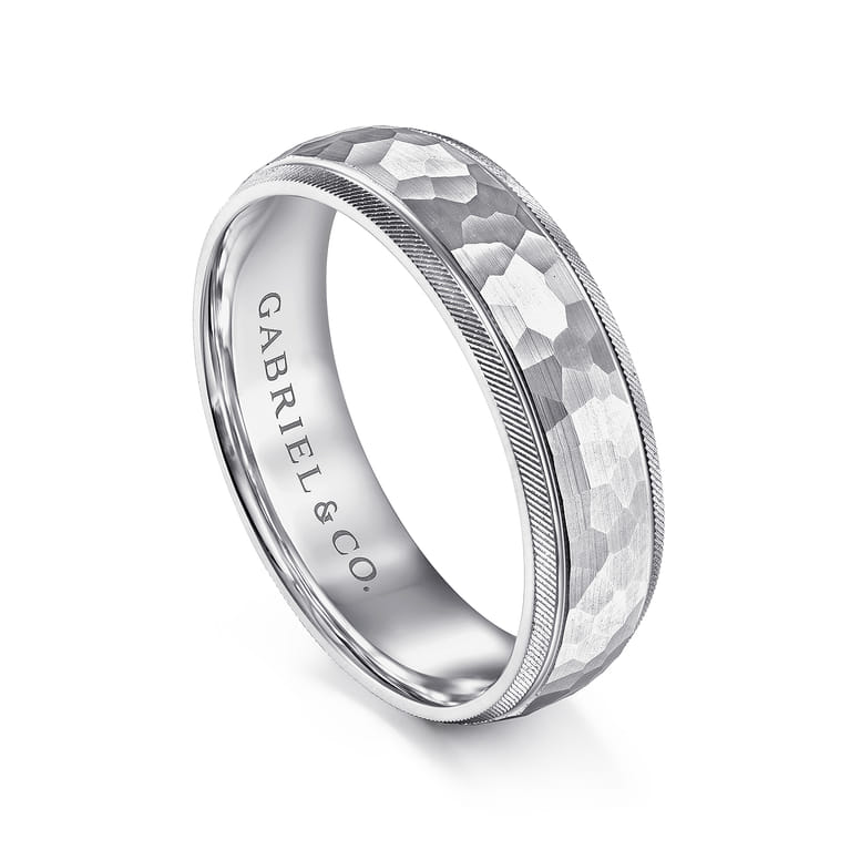 Simon - 14K White Gold 6mm - Men's Wedding Band in Hammered Finish - Shot 3