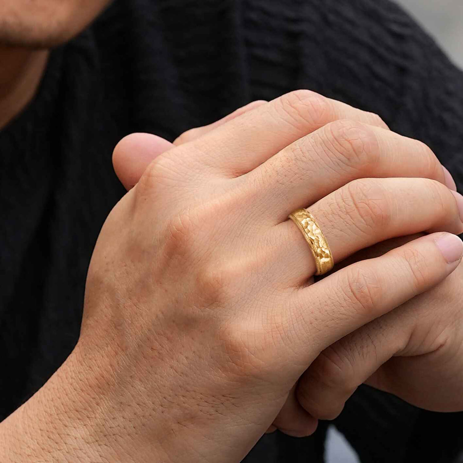 Simon - 14K Yellow Gold 6mm - Men's Wedding Band in Hammered Finish - Shot 5