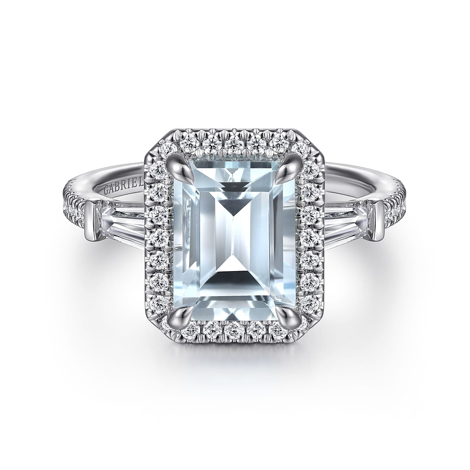 Skylah - 14K White Gold Emerald Cut Three Stone Halo Aquamarine and Diamond Engagement Ring